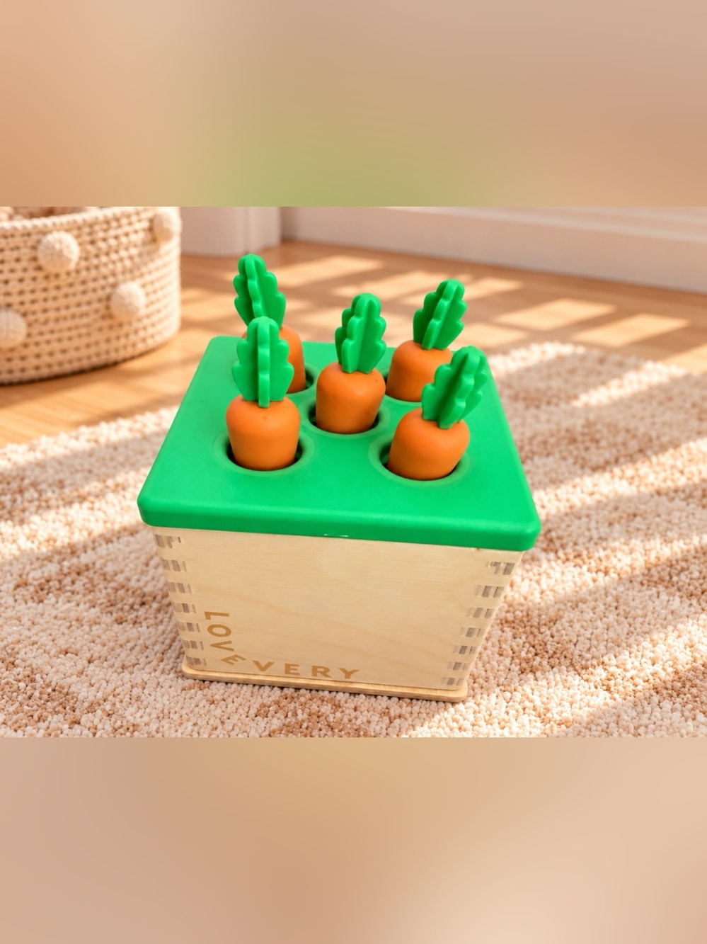 Lovevery Wooden Coin Bank Set Carrots Trees Coins – Babbler 13–15 Months